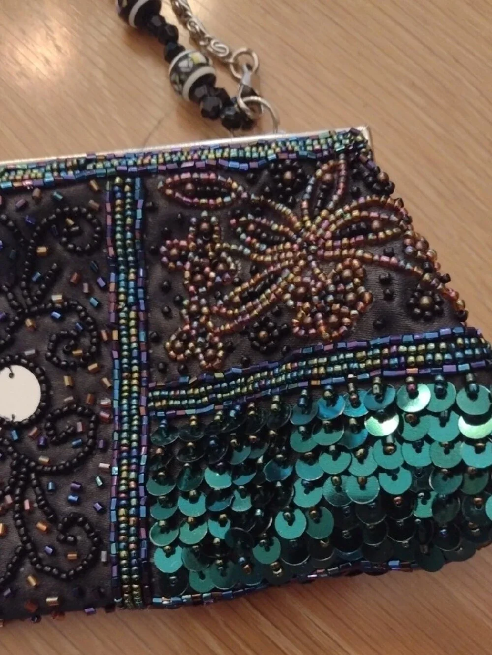 Beaded Sequin Evening Clutch in Teal and Black